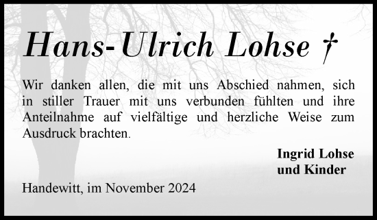 Traueranzeige von Hans-Ulrich Lohse von Flensburger Tageblatt