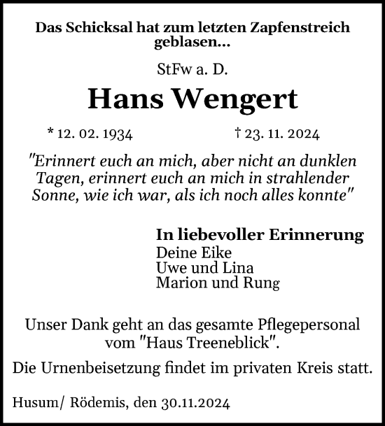 Traueranzeige von Hans Wengert von Husumer Nachrichten, Nordfriesland Tageblatt