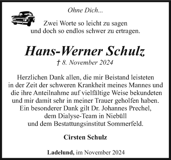 Traueranzeige von Hans-Werner Schulz von Husumer Nachrichten, Nordfriesland Tageblatt