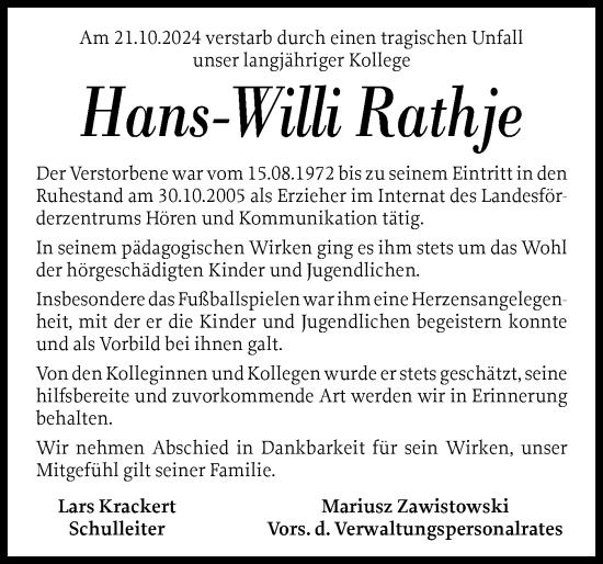 Traueranzeige von Hans-Willi Rathje von Schleswiger Nachrichten, Schlei-Bote