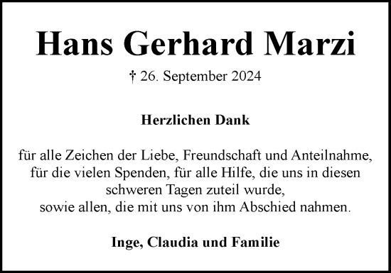 Traueranzeige von Hans Gerhard Marzi von Flensburger Tageblatt