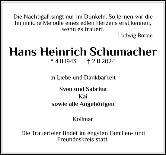 Traueranzeige von Hans Heinrich Schumacher von Region Steinburg-Elmshorn