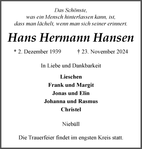 Traueranzeige von Hans Hermann Hansen von Husumer Nachrichten, Nordfriesland Tageblatt