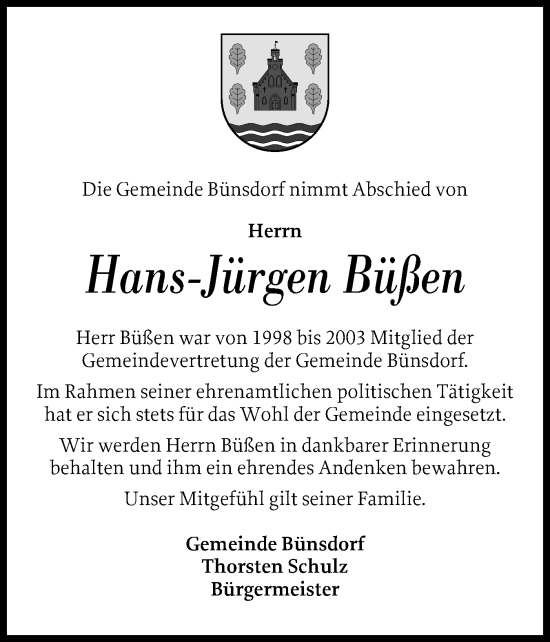 Traueranzeige von Hans Jürgen Büßen von Schleswig-Holsteinische Landeszeitung