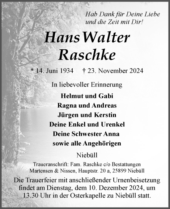 Traueranzeige von Hans Walter Raschke von Husumer Nachrichten, Nordfriesland Tageblatt