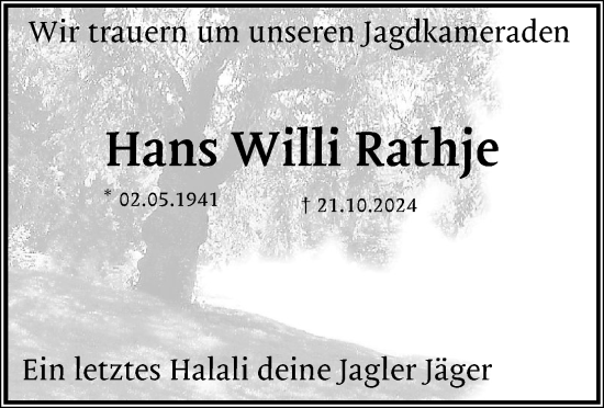 Traueranzeige von Hans Willi Rathje von Schleswiger Nachrichten, Schlei-Bote