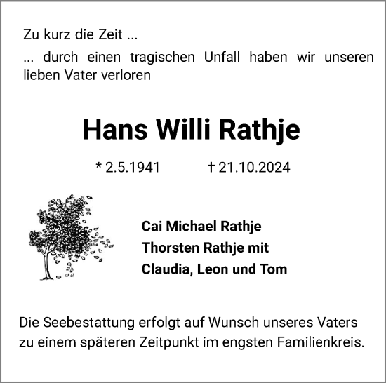 Traueranzeige von Hans Willi Rathje von Schleswiger Nachrichten, Schlei-Bote