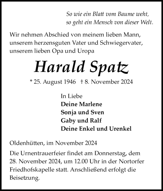 Traueranzeige von Harald Spatz von Schleswig-Holsteinische Landeszeitung