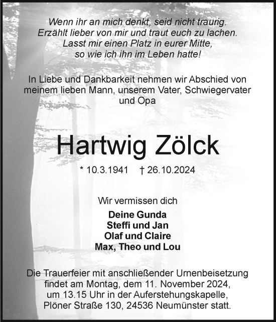 Traueranzeige von Hartwig Zölck von Holsteinischer Courier