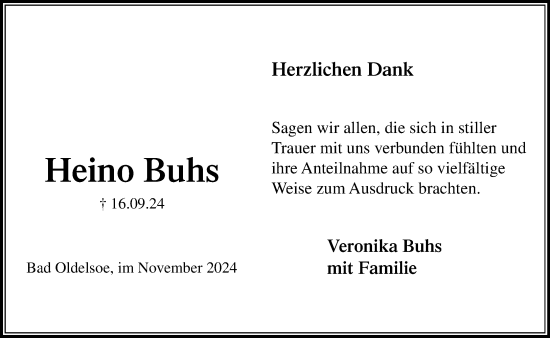 Traueranzeige von Heino Buhs von Stormaner Tageblatt