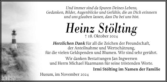 Traueranzeige von Heinz Stölting von Husumer Nachrichten, Nordfriesland Tageblatt