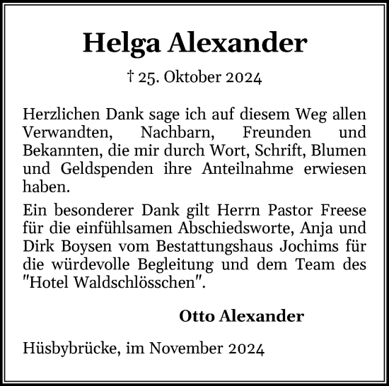 Traueranzeige von Helga Alexander von Schleswiger Nachrichten, Schlei-Bote