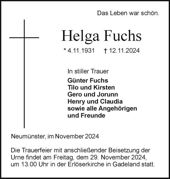 Traueranzeige von Helga Fuchs von Holsteinischer Courier