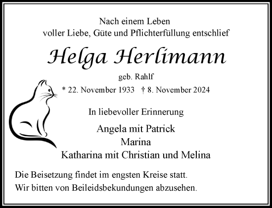 Traueranzeige von Helga Herlimann von Stormaner Tageblatt