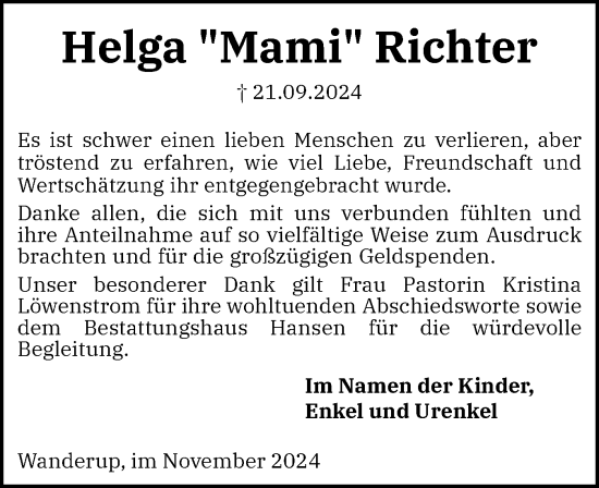 Traueranzeige von Helga Richter von Flensburger Tageblatt