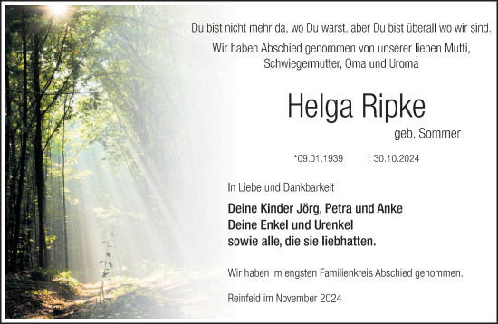 Traueranzeige von Helga Ripke von Stormaner Tageblatt