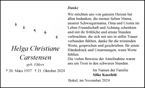 Traueranzeige von Helga Christiane Carstensen von Elmshorner Nachrichten, Barmstedter Zeitung