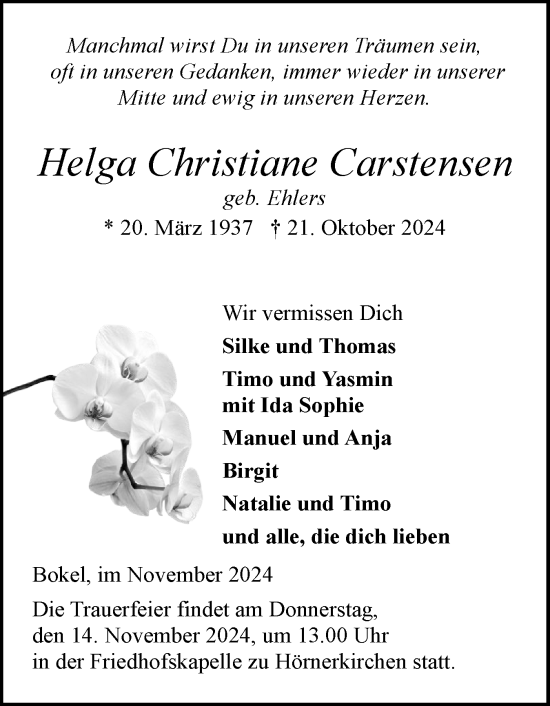 Traueranzeige von Helga Christiane Carstensen von Elmshorner Nachrichten, Barmstedter Zeitung