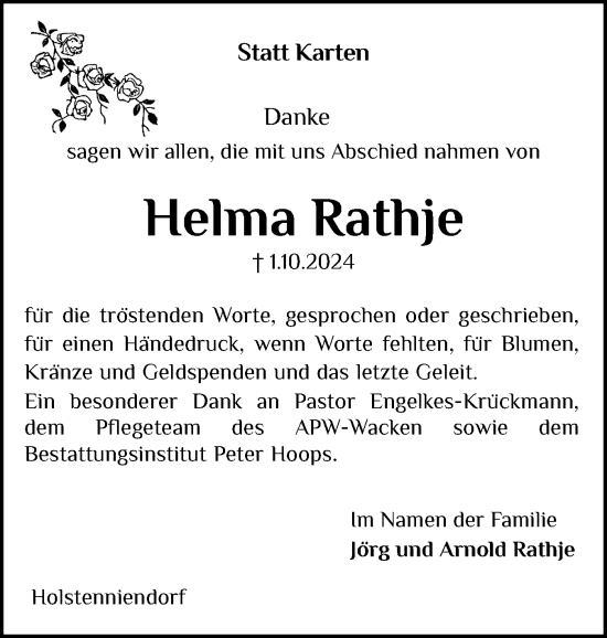 Traueranzeige von Helma Rathje von Norddeutsche Rundschau, Wilstersche Zeitung, Glückstädter Fortuna