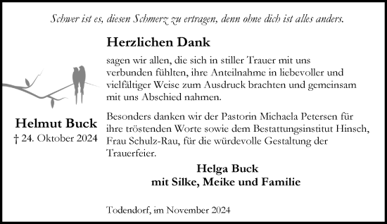 Traueranzeige von Helmut Buck von Stormaner Tageblatt
