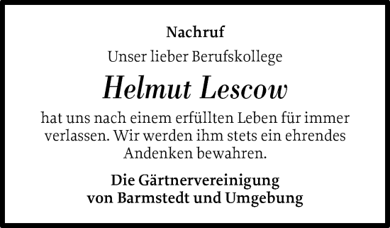 Traueranzeige von Helmut Lescow von Elmshorner Nachrichten, Barmstedter Zeitung