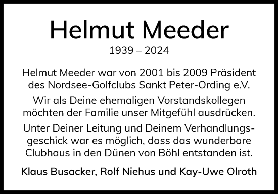 Traueranzeige von Helmut Meeder von Husumer Nachrichten, Nordfriesland Tageblatt