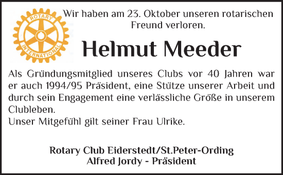 Traueranzeige von Helmut Meeder von Husumer Nachrichten, Nordfriesland Tageblatt