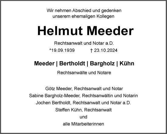 Traueranzeige von Helmut Meeder von Husumer Nachrichten, Nordfriesland Tageblatt