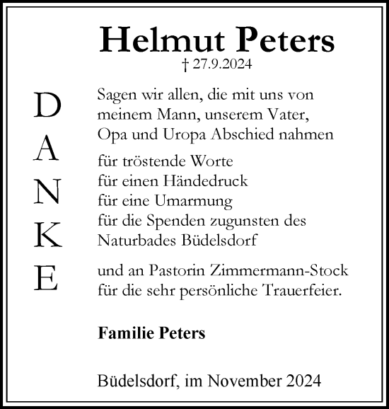 Traueranzeige von Helmut Peters von Schleswig-Holsteinische Landeszeitung