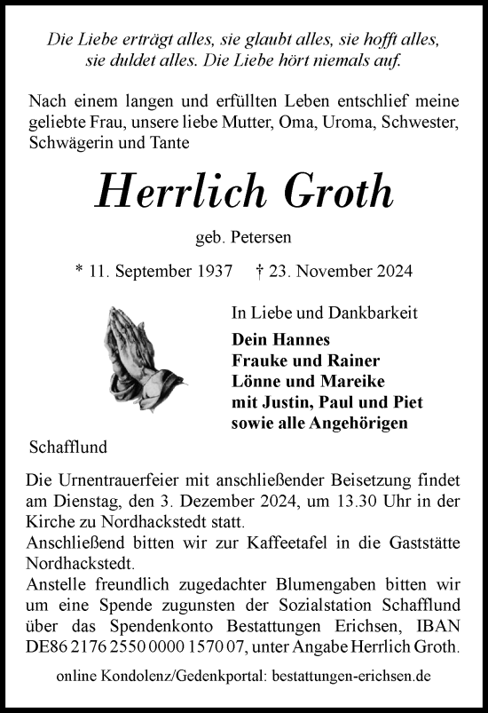 Traueranzeige von Herrlich Groth von Region Flensburg