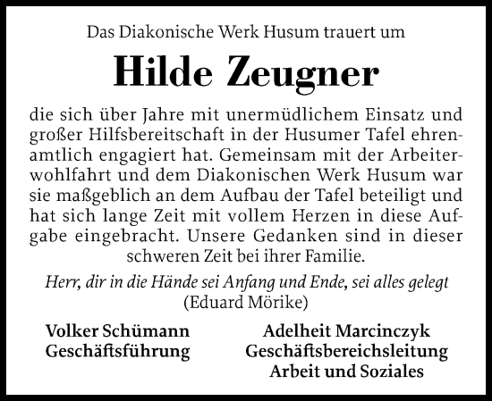 Traueranzeige von Hilde Zeugner von Husumer Nachrichten, Nordfriesland Tageblatt