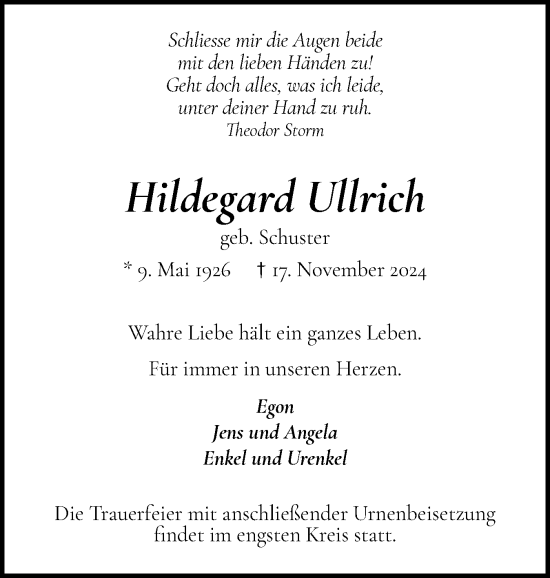Traueranzeige von Hildegard Ullrich von Wedel-Schulauer Tageblatt, tip Wedel-Schulauer Tageblatt, tip Rissener Rundschau