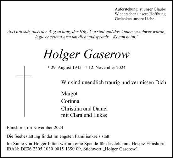Traueranzeige von Holger Gaserow von Elmshorner Nachrichten, Barmstedter Zeitung