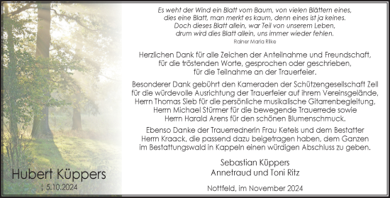 Traueranzeige von Hubert Küppers von Schleswiger Nachrichten, Schlei-Bote
