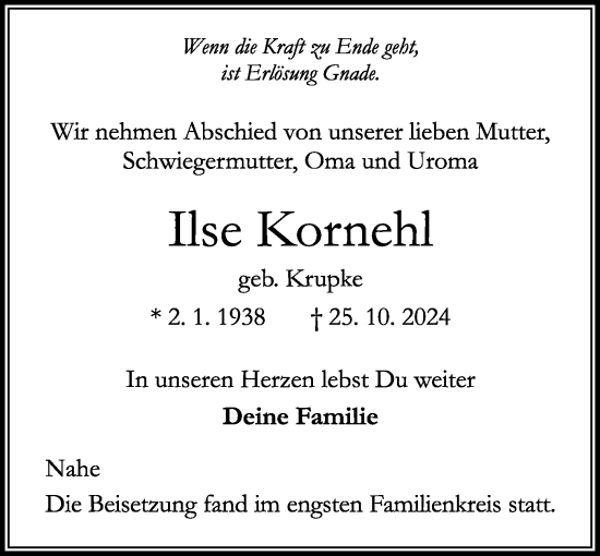 Traueranzeige von Ilse Kornehl von Stormaner Tageblatt