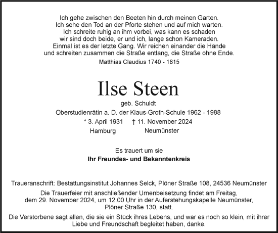 Traueranzeige von Ilse Steen von Holsteinischer Courier