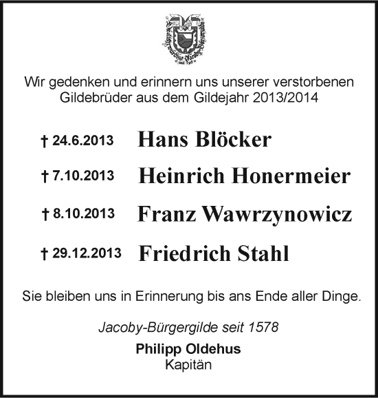 Traueranzeige von Im Gedenken  20132014 von Holsteinischer Courier