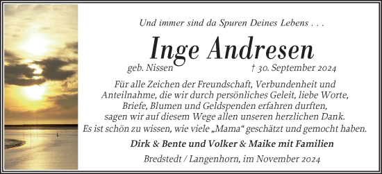 Traueranzeige von Inge Andresen von Husumer Nachrichten, Nordfriesland Tageblatt