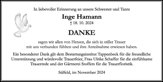 Traueranzeige von Inge Hamann von Stormaner Tageblatt
