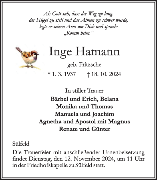 Traueranzeige von Inge Hamann von Stormaner Tageblatt