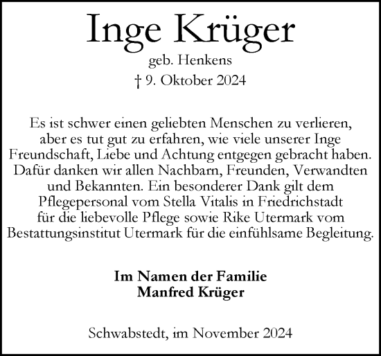Traueranzeige von Inge Krüger von Husumer Nachrichten, Nordfriesland Tageblatt