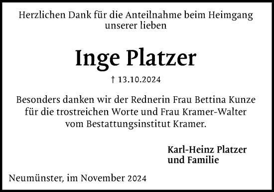 Traueranzeige von Inge Platzer von Holsteinischer Courier