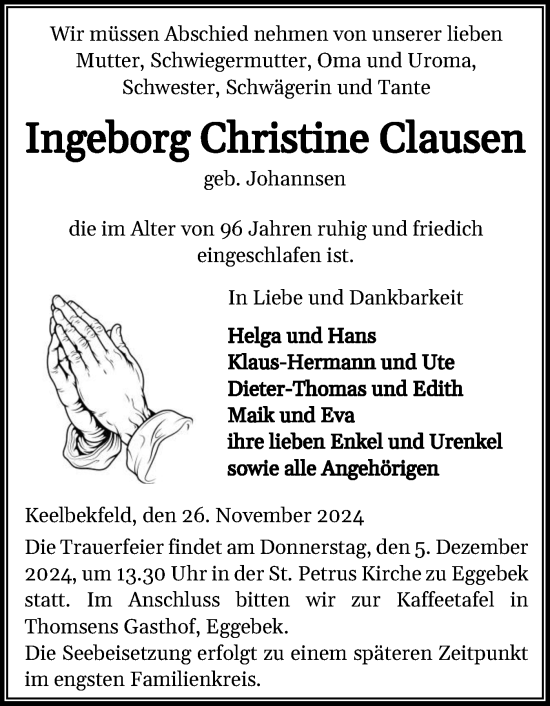 Traueranzeige von Ingeborg Christine Clausen von Region Flensburg