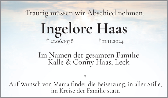 Traueranzeige von Ingelore Haas von Region Westküste