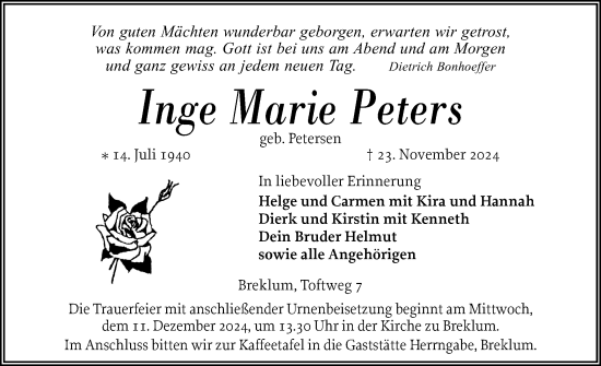 Traueranzeige von Inge Marie Peters von Husumer Nachrichten, Nordfriesland Tageblatt