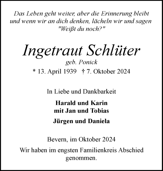 Traueranzeige von Ingetraut Schlüter von Elmshorner Nachrichten, Barmstedter Zeitung