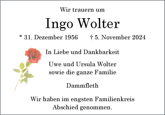Traueranzeige von Ingo Wolter von Norddeutsche Rundschau, Wilstersche Zeitung, Glückstädter Fortuna