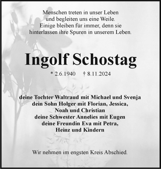 Traueranzeige von Ingolf Schostag von Holsteinischer Courier