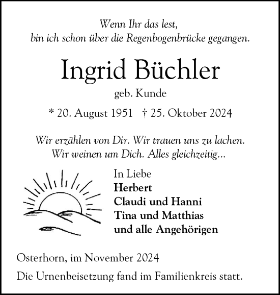 Traueranzeige von Ingrid Büchler von Elmshorner Nachrichten, Barmstedter Zeitung