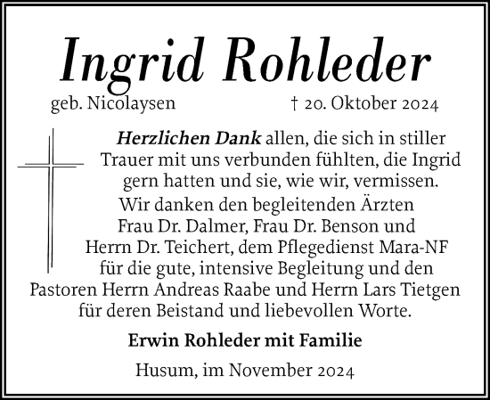 Traueranzeige von Ingrid Rohleder von Husumer Nachrichten, Nordfriesland Tageblatt